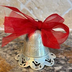 Vintage Towle Silver Musical Bell Ornament with Red Bow